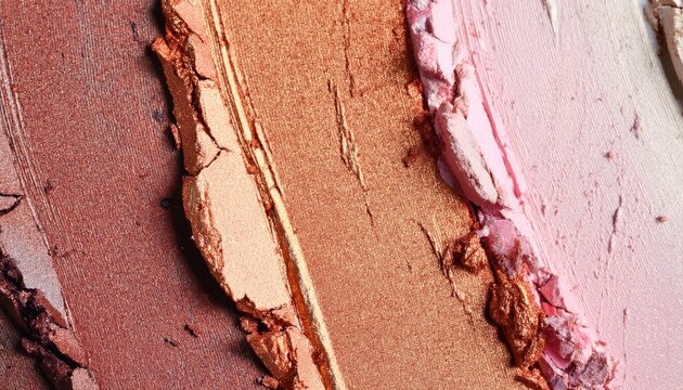 metallic and matte makeup swatches in pink bronze and rose gold tones with rich texture and shimmer for beauty banner or editorial background