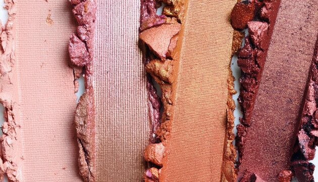 metallic and matte makeup swatches in pink bronze and rose gold tones with rich texture and shimmer for beauty banner or editorial background