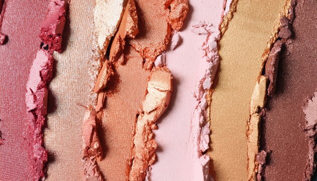 metallic and matte makeup swatches in pink bronze and rose gold tones with rich texture and shimmer for beauty banner or editorial background