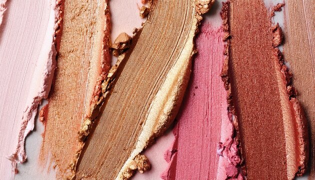 metallic and matte makeup swatches in pink bronze and rose gold tones with rich texture and shimmer for beauty banner or editorial background