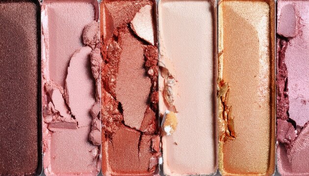 metallic and matte makeup swatches in pink bronze and rose gold tones with rich texture and shimmer for beauty banner or editorial background