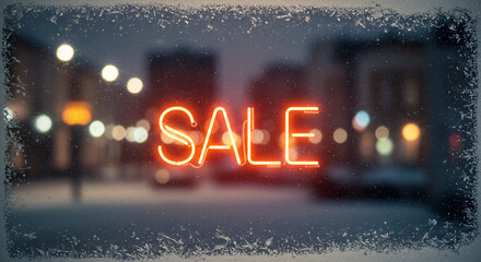 Neon sale sign glowing on snowy street during winter evening  