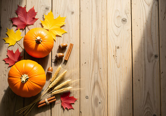 Atmospheric autumn composition with pumpkins and leaves on a wooden background with space for text.