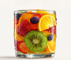 A transparent glass filled with colorful sliced fruits, transparent glass fruits, sliced fruits in glass, colorful fruit slices, fresh fruit glass