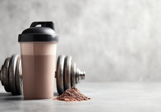 Protein shake preparation next to dumbbells on a grey background for fitness and health enthusiasts Generative AI