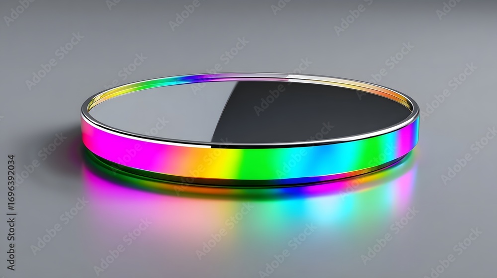 Poster shiny, reflective chrome ring or circle in a striking rainbow gradient, creating an abstract and min