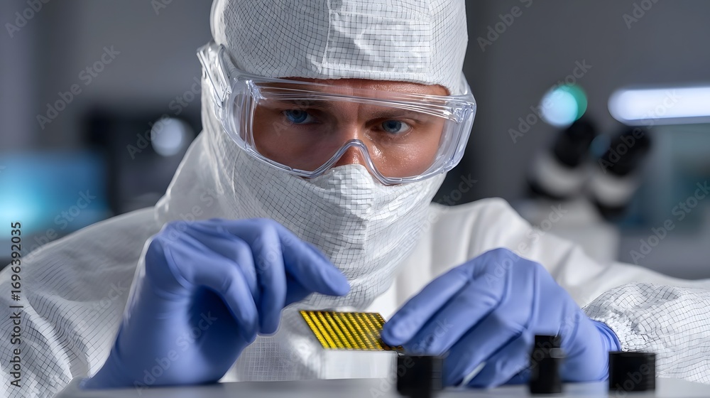 Poster a scientist in protective gear carefully examining a sample under a microscope in a sterile laborato