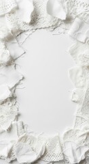Scraps of white fabric lining the edge creating a border or frame on a solid white background
