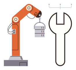 Robotic arm lifting containers alongside wrench imagery reflecting installation, manufacturing, and repair concepts. Ideal for automation, robotics, engineering, industry, maintenance, innovation