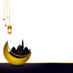 Golden crescent moon with mosque silhouette and hanging lanterns and stars, isolated on transparent background