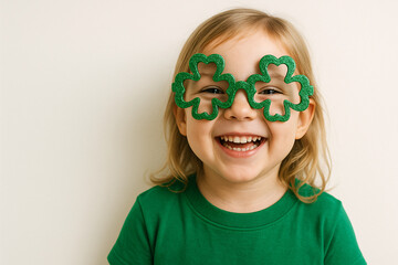 Child Wearing Shamrock Glasses - Playful St. Patrick's Day Celebration