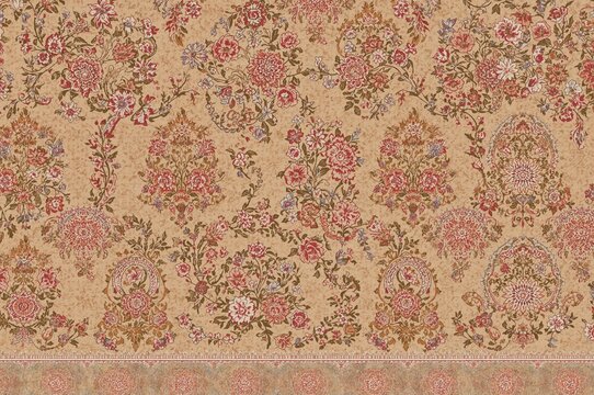 Seamless floral pattern with paisley motifs and vintage geometric borders inspired by ethnic Mughal and Baroque art, hand-drawn texture with multi-flower design.