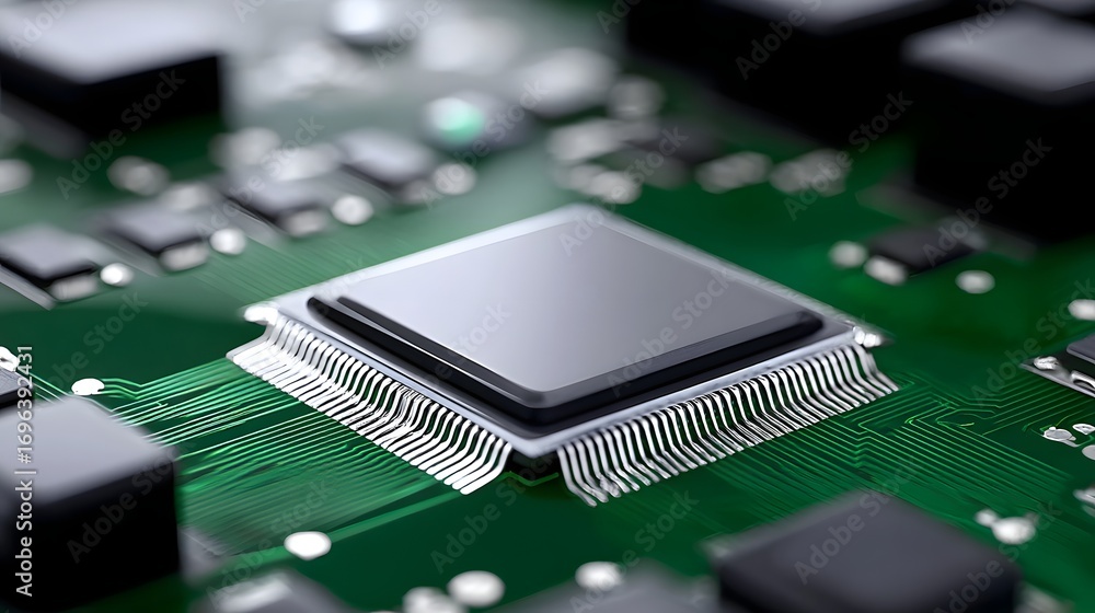Poster closeup of an advanced microchip with complex electronic circuitry on a green printed circuit board,