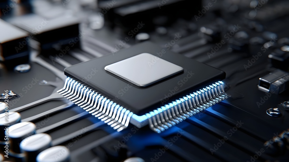 Poster detailed view of the intricate components and circuits on a high-tech computer motherboard, showcasi