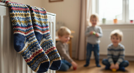 Knitted socks hanging on radiator with children playing in background  