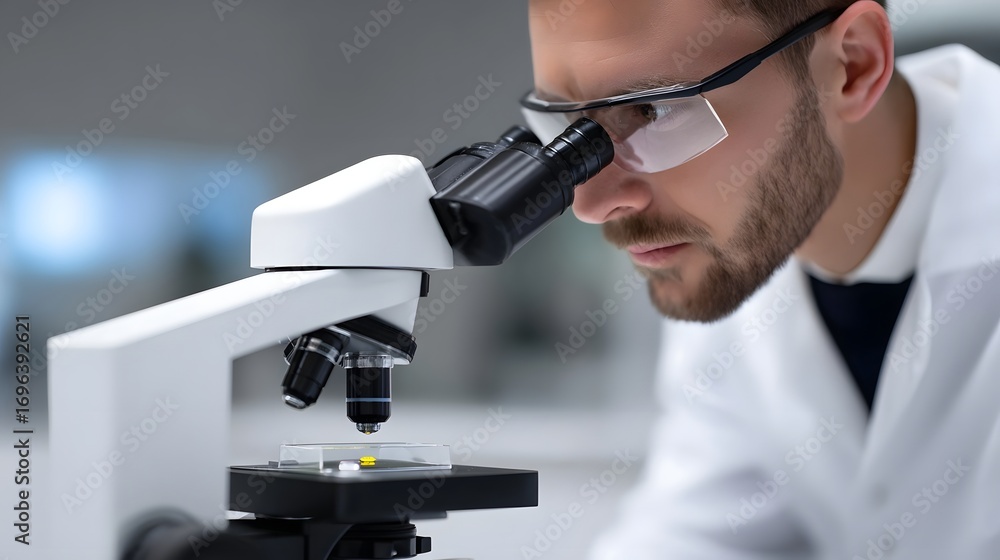 Aufkleber a researcher intently examining a sample through a high-powered microscope in a professional laborat