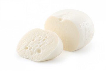 Sliced mozzarella cheese on a white backdrop with clipping path and sharp focus