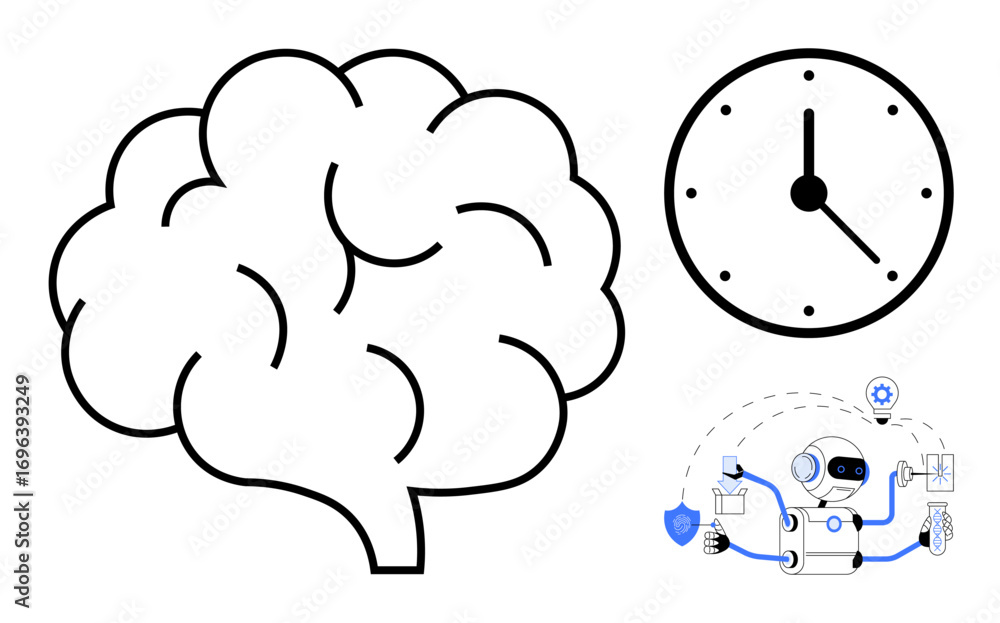 Poster brain sketch, analog clock, and ai robot performing tasks. ideal for time management, ai innovation,