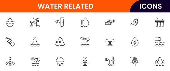 Water-Related vector web line icon collection, sleek illustrations of waves, drops, EV tech, and sustainable aquatic systems for eco-designs.