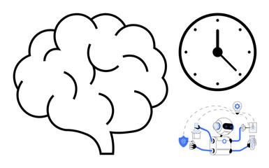 Brain sketch, analog clock, and AI robot performing tasks. Ideal for time management, AI innovation, intelligence, productivity, automation technology focus. Simple flat metaphor