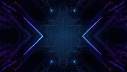 Intricate, dark-toned, futuristic tunnel with glowing, vibrant blue and purple neon lines, showcasing a complex, digital design.