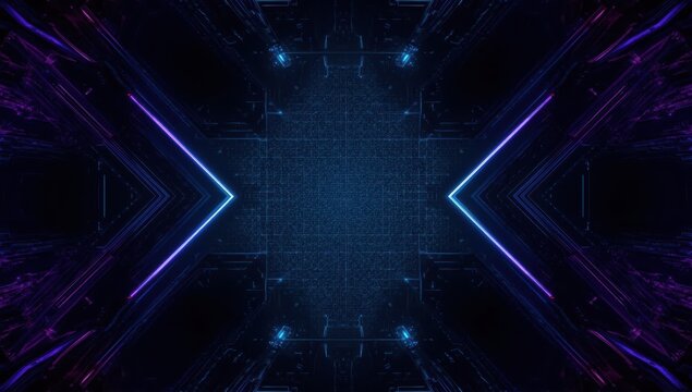 Intricate, dark-toned, futuristic tunnel with glowing, vibrant blue and purple neon lines, showcasing a complex, digital design.