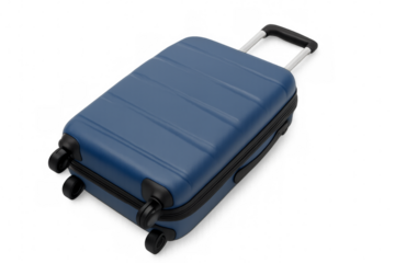 Blue suitcase lying down on transparent background ready for vacation
