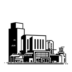 Black silhouette vector icon of an industrial factory building against a city skyline