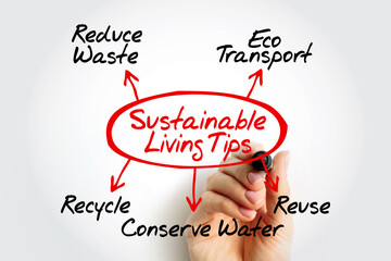 Sustainable Living Tips diagram featuring key eco-friendly practices including Reduce Waste, Eco Transport, Reuse, Conserve Water, and Recycle