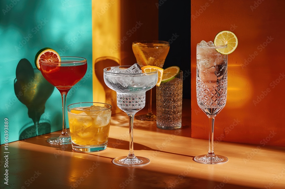 Poster vibrant mixed drinks in assorted glassware garnished with citrus slices on vivid backdrops with star