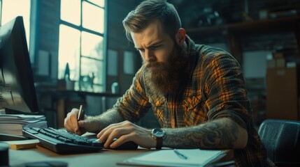 Bearded entrepreneur intently working at his desk with concentration and precision