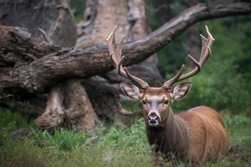 Obraz premium A Majestic Buck Standing Beside a Fallen Log in the Woods