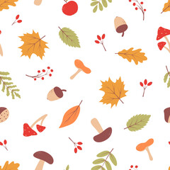Obraz premium Seamless pattern autumn set of elements. Fall background, leaves and natural gifts. Vector illustration.
