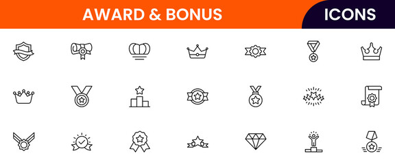 Awards vector web line icon collection, sleek illustrations of trophies, medals, and recognition symbols for celebratory and achievement designs.