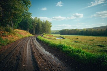 Fototapeta premium Slippery path descending from the hill to the water