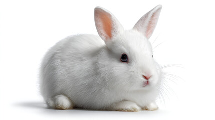 Obraz premium A white rabbit with perked ears and dark eyes rests on a white surface