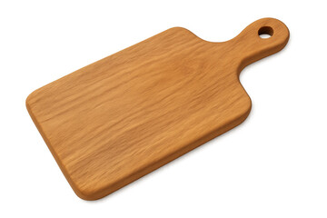 Empty wooden cutting board with handle on transparent background