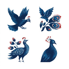 Obraz premium Decorative peacock birds vintage style elegant pattern design with beautiful feathers in flight on white background