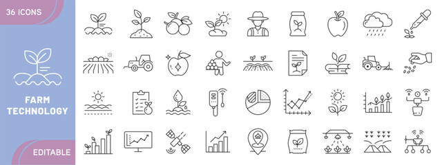 Farm Technology Icon Set – Agriculture, Smart Farming, Tractor, Drone, Irrigation, Harvesting, Organic Food, Sustainability, Innovation, and Modern Farming Equipment