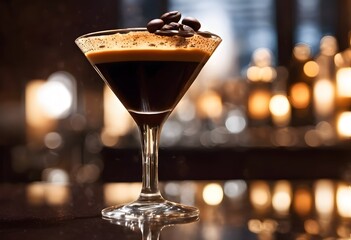 This captivating image showcases a perfectly crafted Espresso Martini, a luxurious blend of coffee and spirits, elegantly presented in a classic martini glass, garnished with aromatic coffee beans.