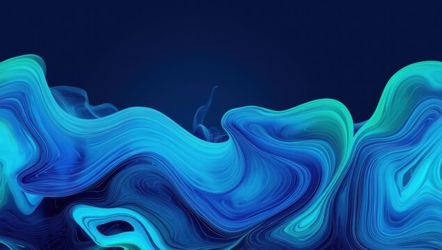 Dynamic, flowing abstract design features vibrant blues and turquoise, creating a visually captivating, fluid composition. - Powered by Adobe
