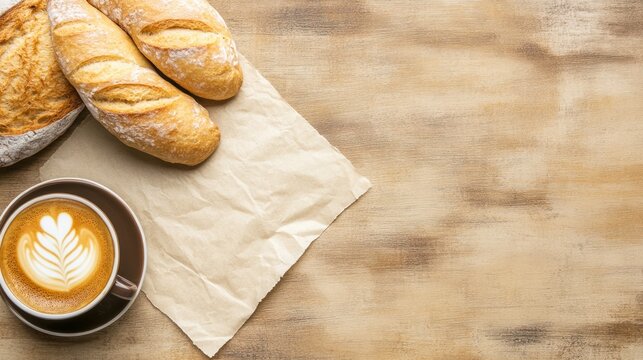 Bread latte and parchment paper on wooden table