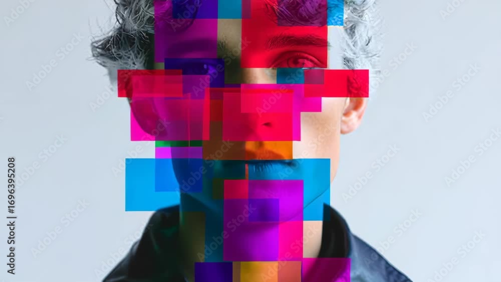 Poster man's face is shown in a collage of colorful squares. the image is abstract and has a playful, artis