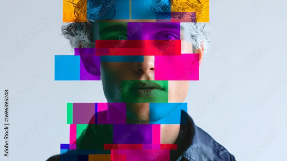 Poster man's face is shown in a collage of colorful squares. the image is abstract and has a modern, artist