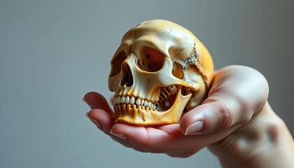A human skull rests gently in a cupped hand, bones stark against pale skin, graphic, photography
