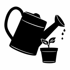 An old metal watering can with a flower and garden tools is on a white background