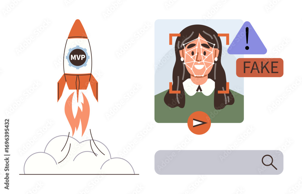 Aufkleber rocket with mvp text launching and a facial recognition interface detecting a fake video with a warn