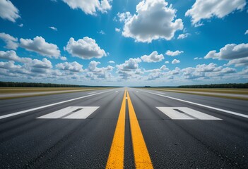 Fototapeta premium Endless runway stretching into the horizon under a bright sky filled with fluffy clouds