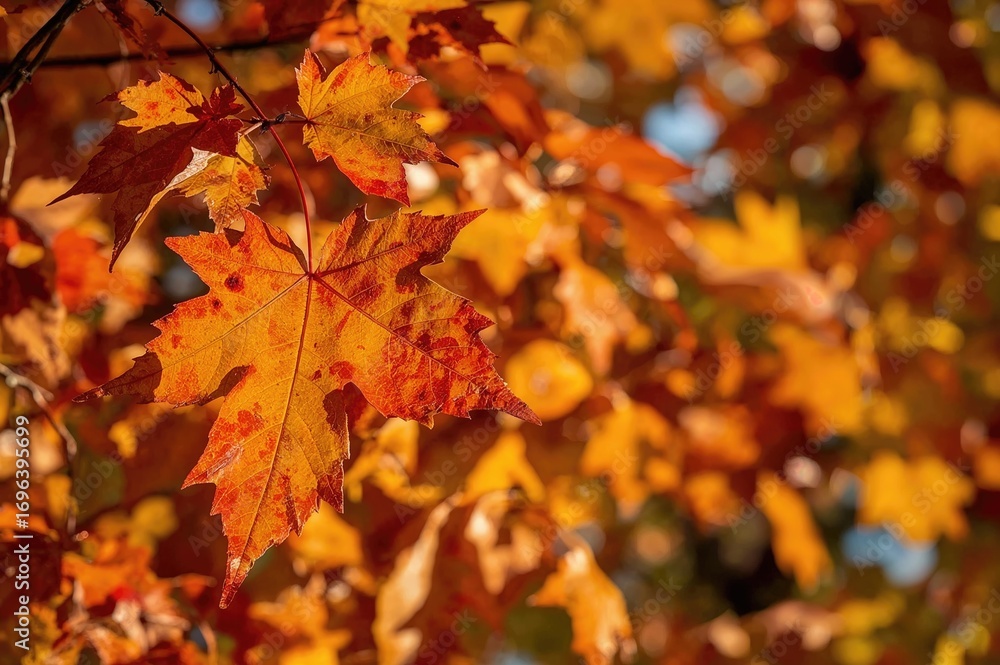 Poster vibrant fall foliage set against a plain backdrop with empty space beside it.