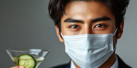 Man Wearing Mask Holds Cucumber Cocktail